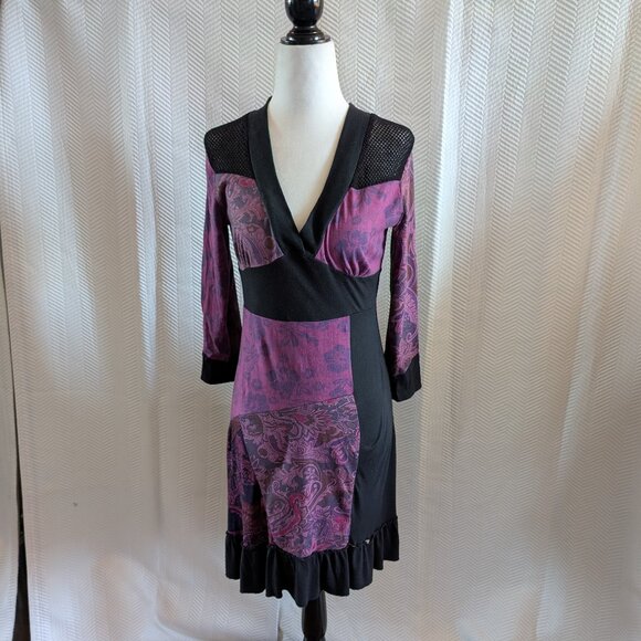 Tricotto Patchwork Paisley Dress Black Purple Mesh Detail Small Art to wear Y2K - Picture 1 of 13